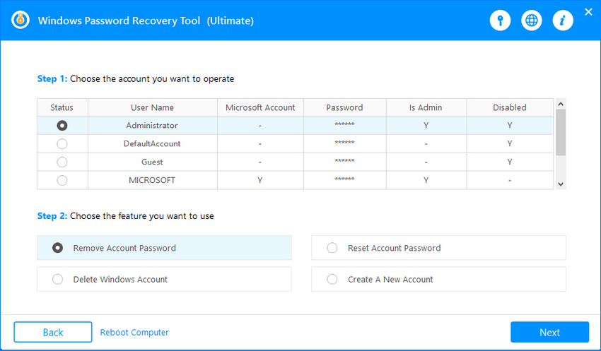 main interface of windows password recovery